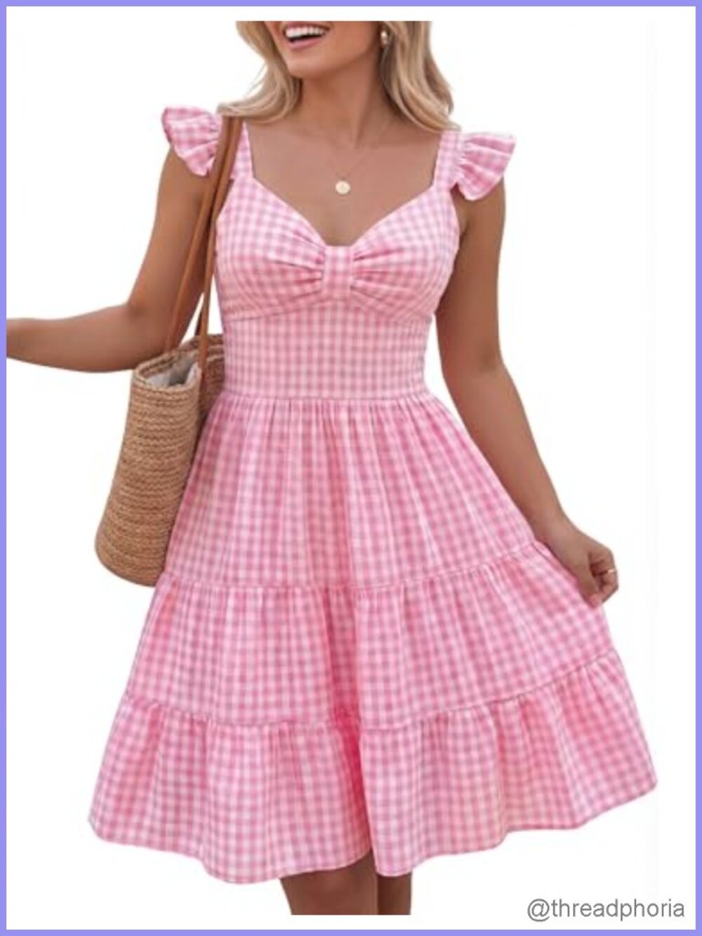 Women V Neck Flowy Summer Plaid Gingham Mini Dress